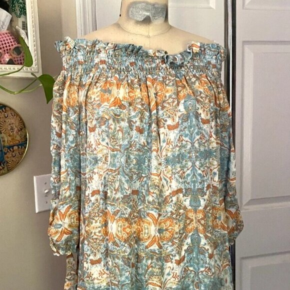 ACROBAT Turquoise Floral Cold-Shoulder Peasant Tie Sleeve Blouse Shirt *SMALL* - Picture 2 of 6